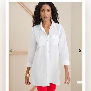 White Linen Tunic Length Camp Shirt Wrinkle Resistant Two Front Pockets Size 8